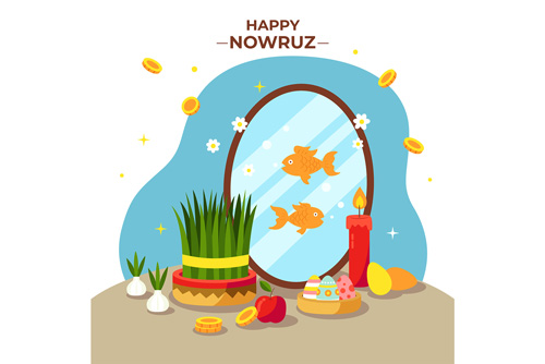 وکتور EPS و Ai لایه باز سفره هفت سین شامل آینه و سبزه و تخم مرغ رنگی و شمع و سکه و سیر و ماهی ویژه عید نوروز کد 2